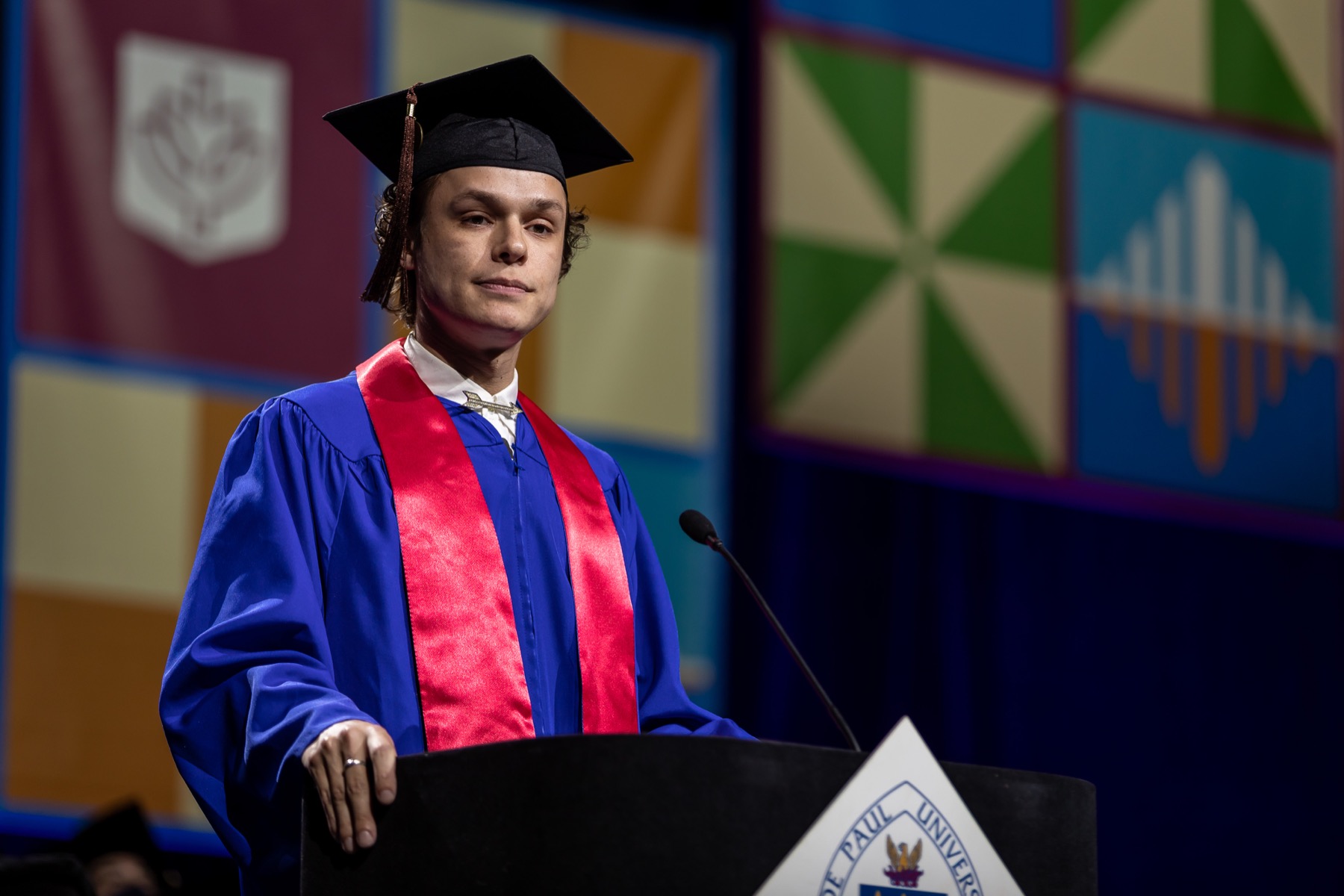 Sam Kerns, Class of 2022, delivered the student address at the The Theatre School and the Jarvis College of Computing and Digital Media graduation.